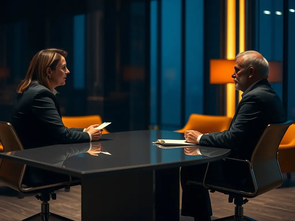 A professional executive in a modern office setting, engaged in a one-on-one coaching session with a leadership development coach. The scene should convey trust, guidance, and strategic thinking.
