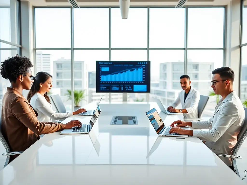 A team of professionals collaborating around a conference table, facilitated by a coach, with charts and laptops visible, representing Team Management Training.