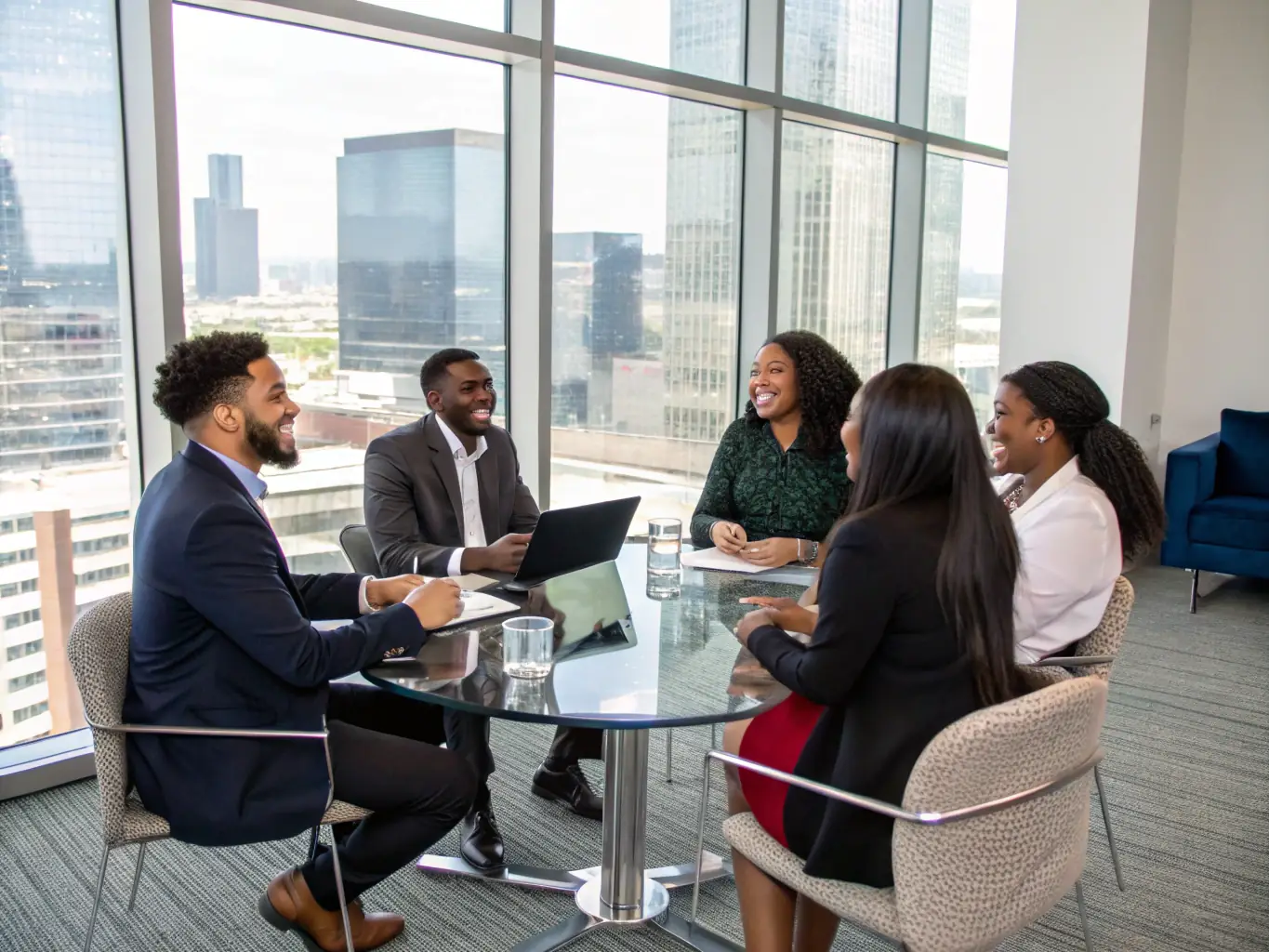 A photograph of a diverse group of professionals collaborating in a modern office setting, symbolizing teamwork and leadership in a UK context.