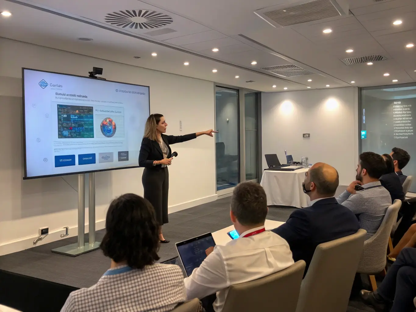 A professional giving a presentation to a group of people in a modern office setting, representing leadership development and training.