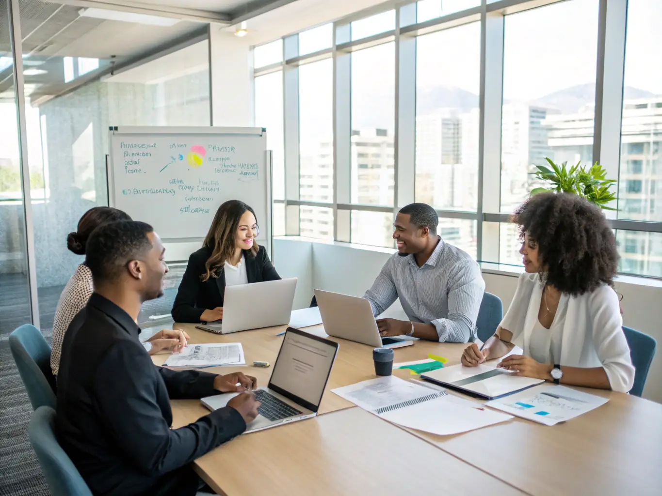 A diverse team of professionals participating in a team management training session. The atmosphere should be collaborative, engaging, and focused on skill development.