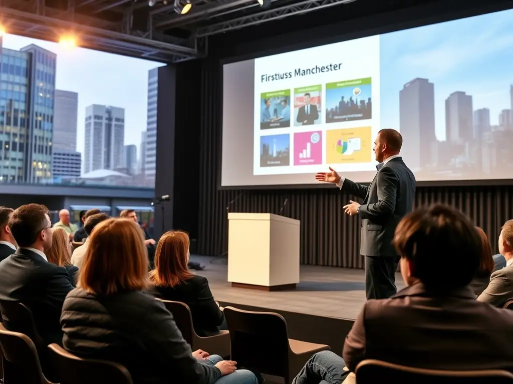 A leader giving a motivational speech to their team, set against the backdrop of a modern UK cityscape. The image should evoke a sense of inspiration, vision, and strategic direction.