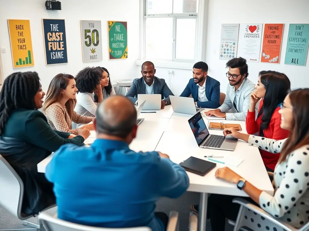 A diverse group of professionals participating in a leadership workshop, engaging in interactive activities and discussions.