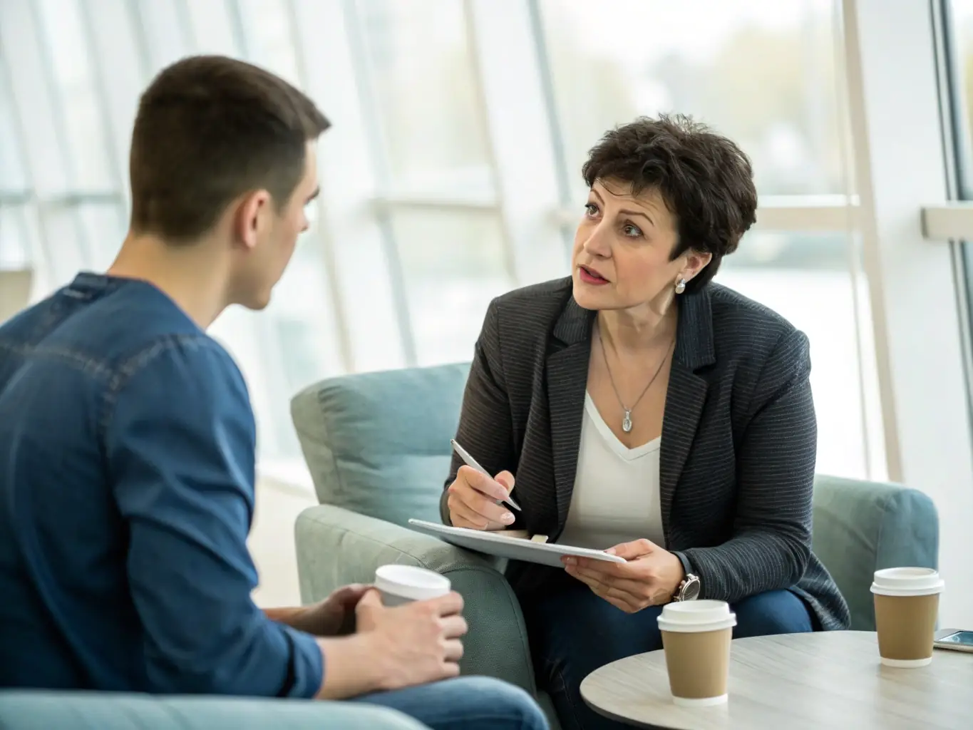 An image of a confident business leader engaging in a coaching session with a professional coach in a modern office setting, representing Executive Leadership Coaching.